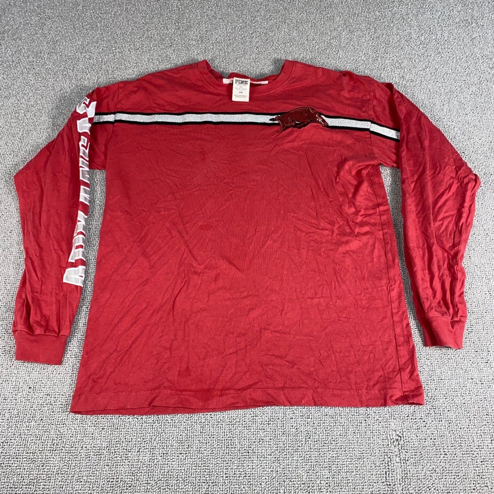 PINK Arkansas Razorbacks Shirt Womens Medium Red Long Sleeve Sequin Logo Gameday
